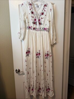 Chicwish White Maxi Dress with Pink & Magenta Floral Embroidery